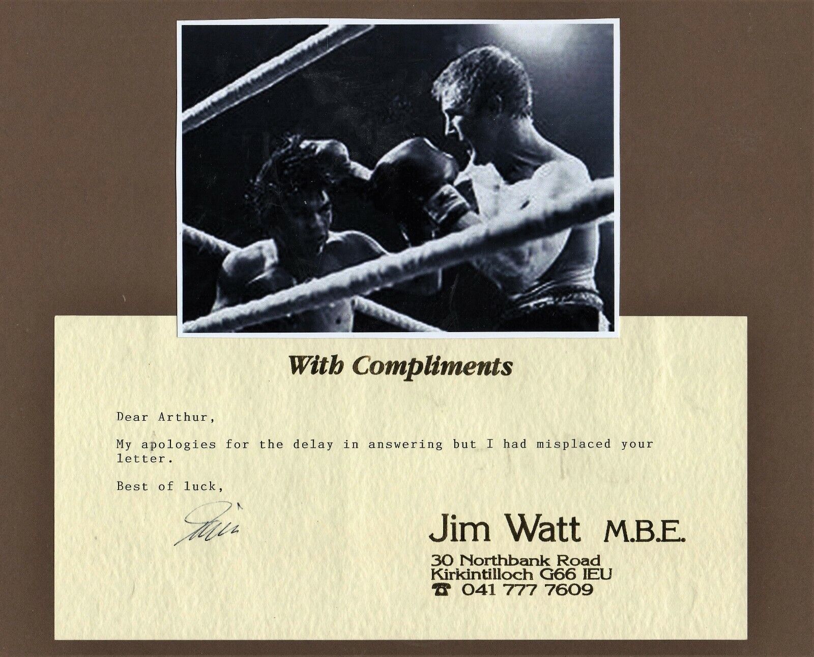 BOXING - JIM WATT - personally signed compliments slip + pic display - vgc