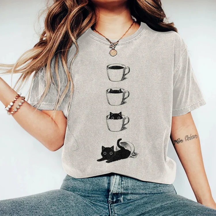 VChics Abstract Creative Black Cats In Coffee Cup Art Print T-shirt