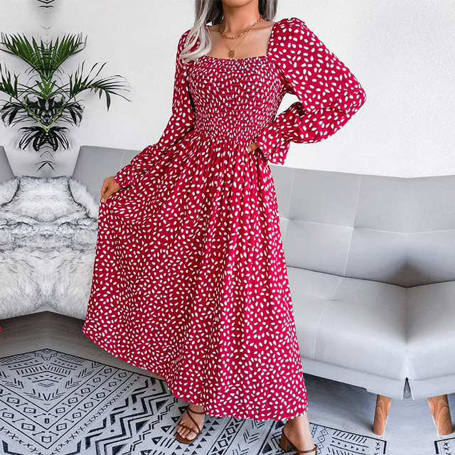 Elegant Square Neck Full Sleeve A-Line Ruched Print Chic Maxi Dress