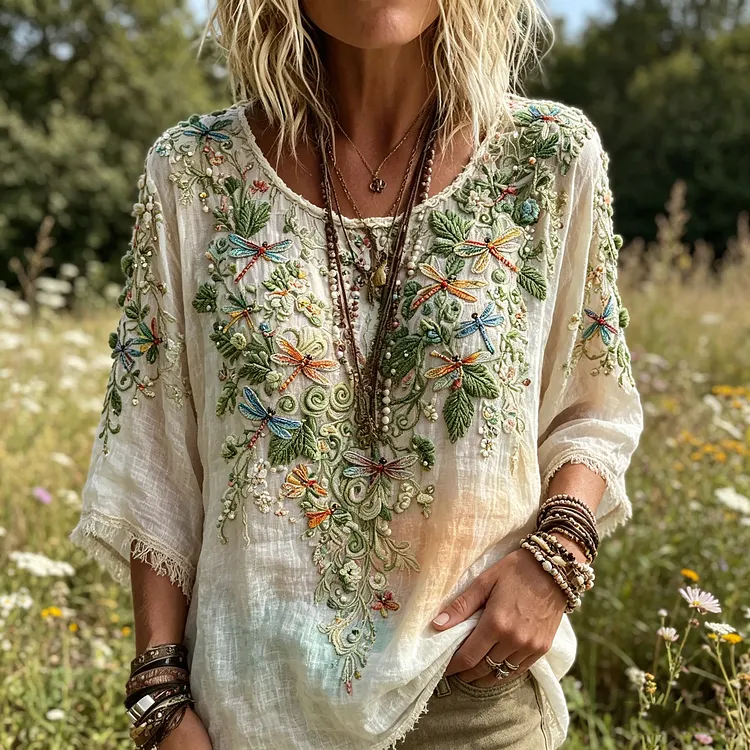🐉 Women's Dragonfly Embroidered Boho Blouse