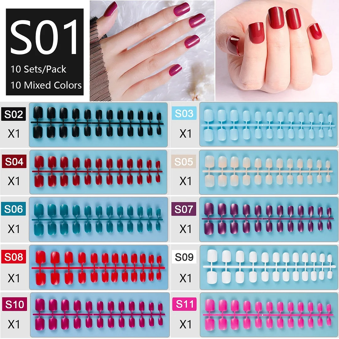 10 Sets/Pack Mixed Solid Colors Coffin Round Square Almond Shape False Nails Full Cover Nail Tips Short Fake Nails Tip Manicure