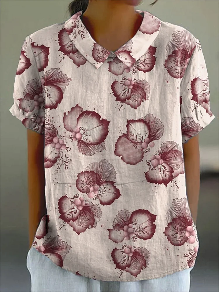 Women's  Flower Print Casual Cotton And Linen Shirt