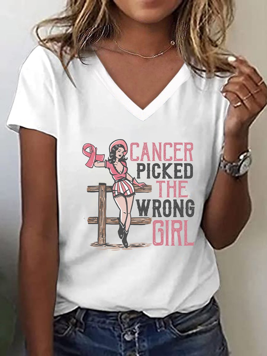 Women's Breast Cancer Awareness Cancer Picked The Wrong Girl Print Casual V Neck T-Shirt