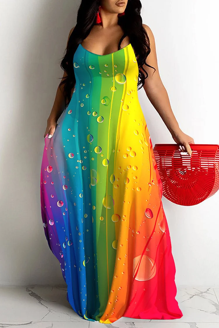 Plus Size Casual Rainbow Water Droplets Print U Neck Sleeveless Sundress Maxi Dresses