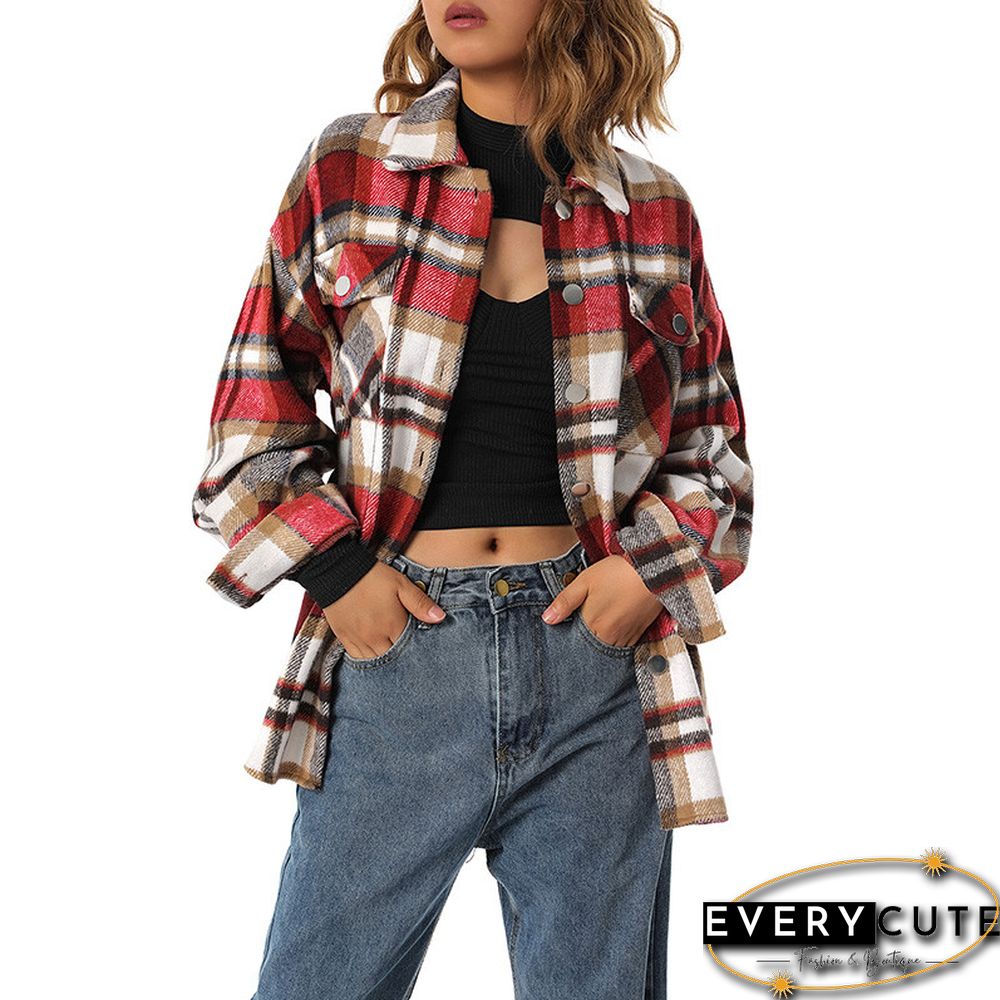 Women Plaid Printed Pattern Coat Long Sleeve Button-down Collared Jacket With Pockets Ladies Tops Autumn Winter Clothes
