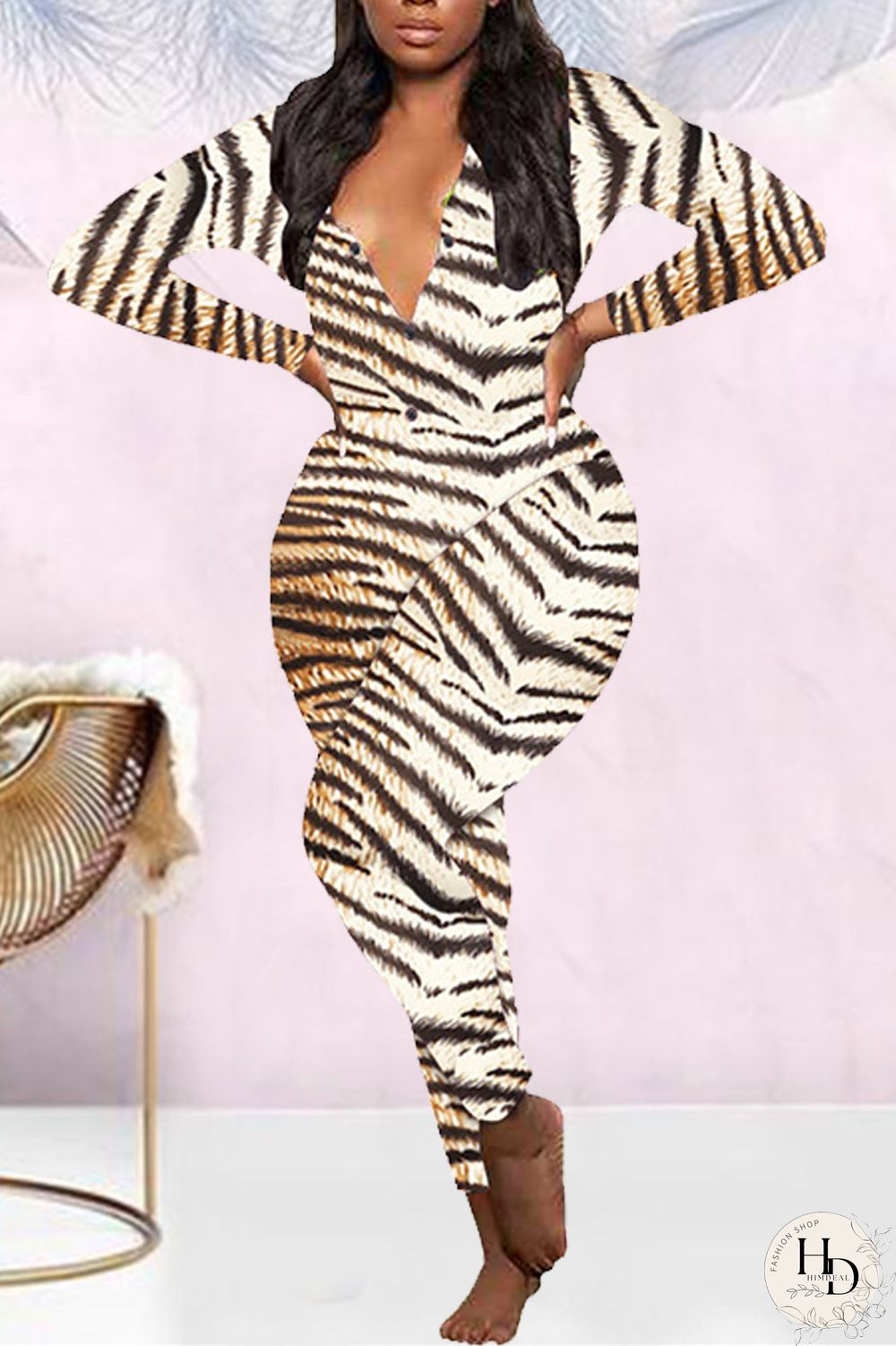 Multicolor Casual Living Print Basic V Neck Regular Jumpsuits