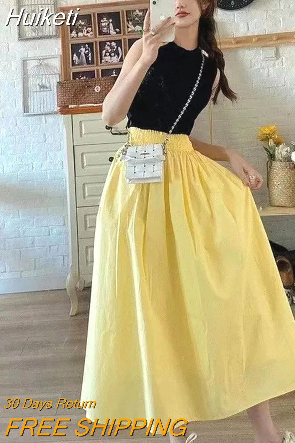 Huiketi Cotton Women Yellow Midi Skirts High Waist A Line Preppy Style Summer Skirts Solid Summer Cute Student Skirts