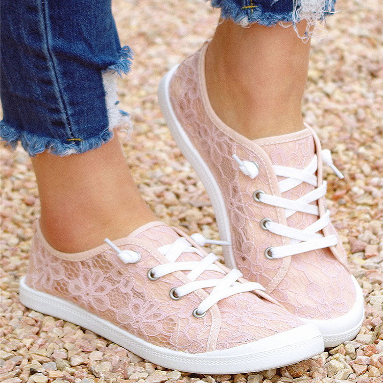 Women's pink lace breathable canvas shoes slip on shoes low top casual sneakers elastic lace-up sneakers