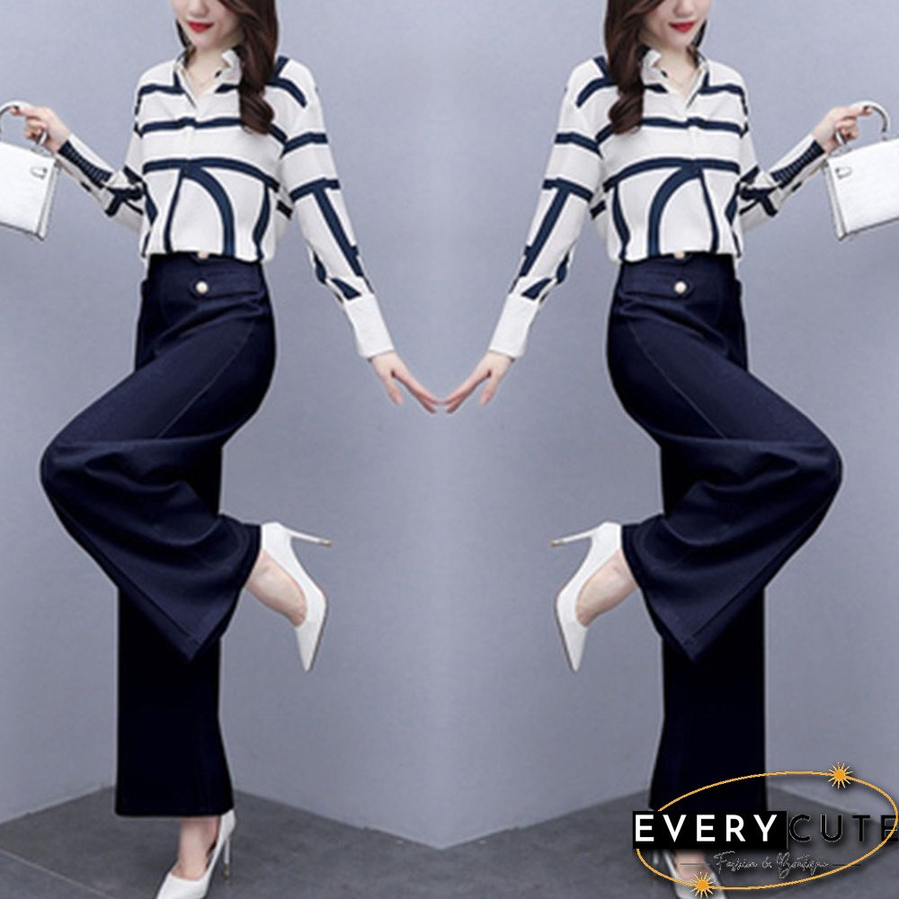 Autumn Fashion Office Two Piece Set Outfits Women Striped Chiffon Shirt Wide Leg Pants