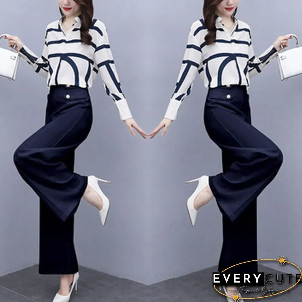 Autumn Fashion Office Two Piece Set Outfits Women Striped Chiffon Shirt Wide Leg Pants