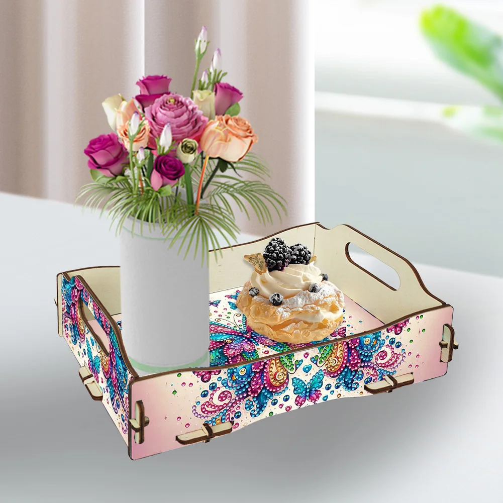 5D DIY Butterfly Diamond Painting Serving Tray with Handle for Coffee Table