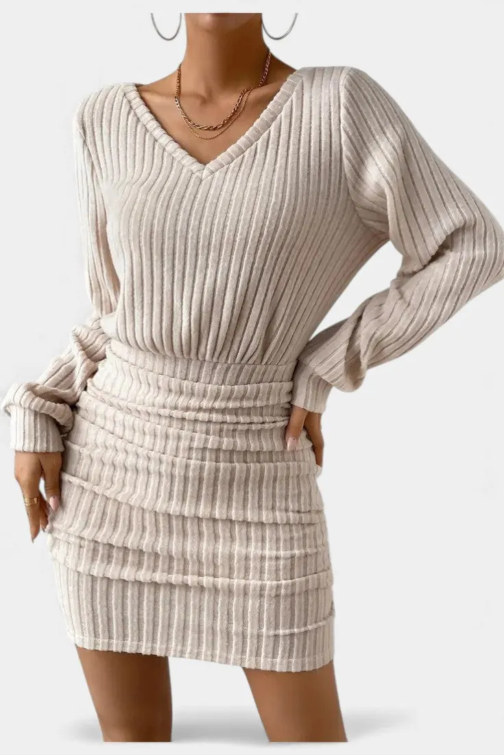 Ribbed V-Neck Long Sleeve Sculpting Knit Dress