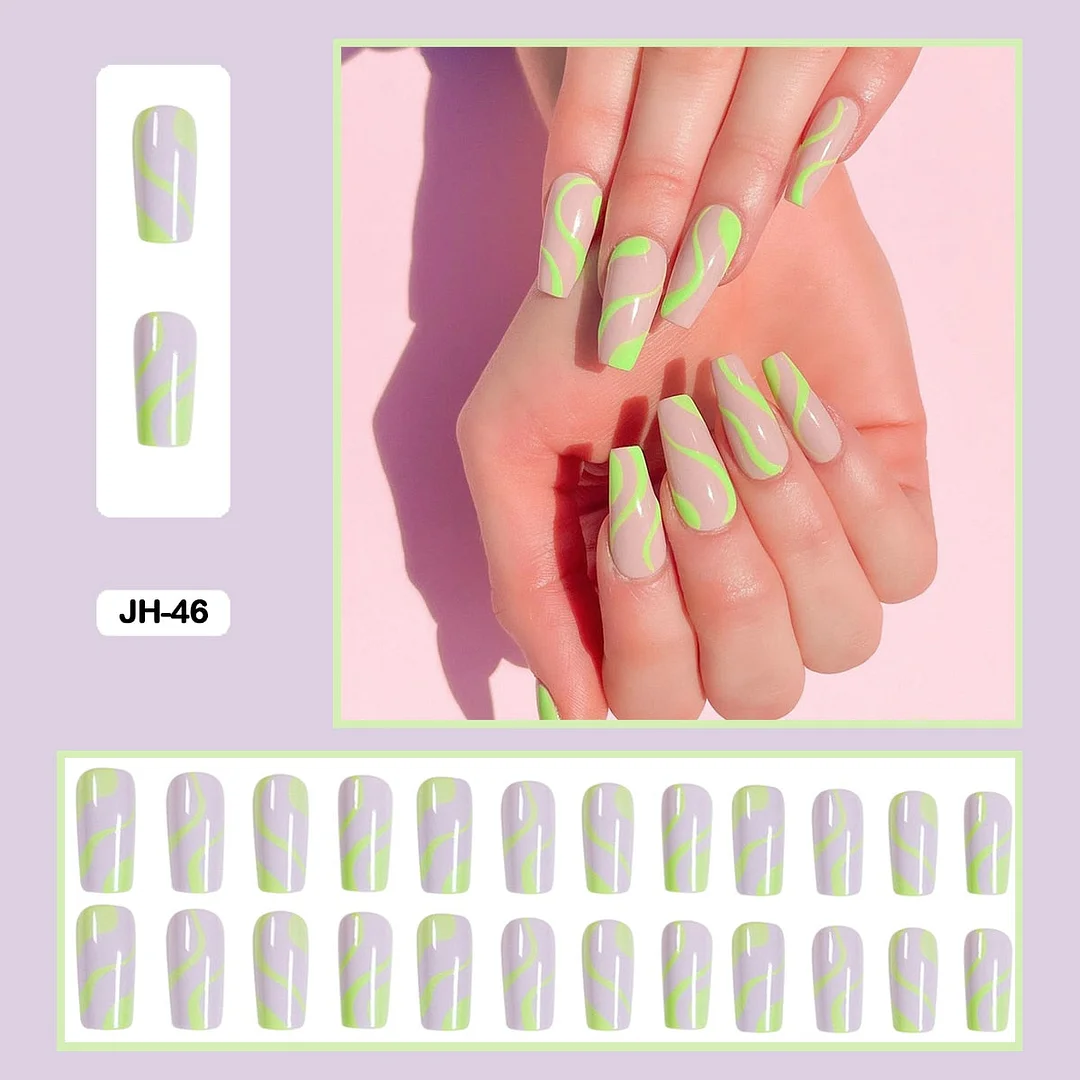 24pcs/box Long Trapezoid Fake Nails Geometric Simplicity Personality Graffiti Animal Pattern Nail Art Nails Press on With Glue-Nail Inspo