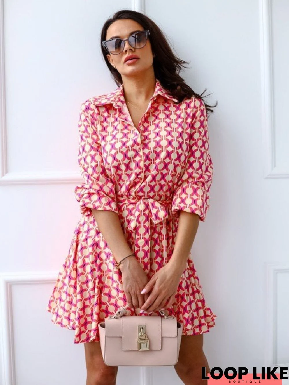 Long Sleeved Printed Waistband Shirt Dress