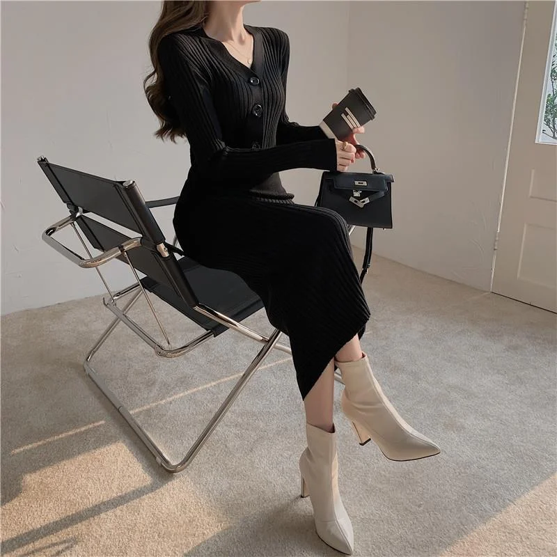 Women Long Sleeve Dresses Solid Color Sheath V-neck Buttons High Waist Ladies Elegant New Vestidos Knitting Korean Style Bodycon