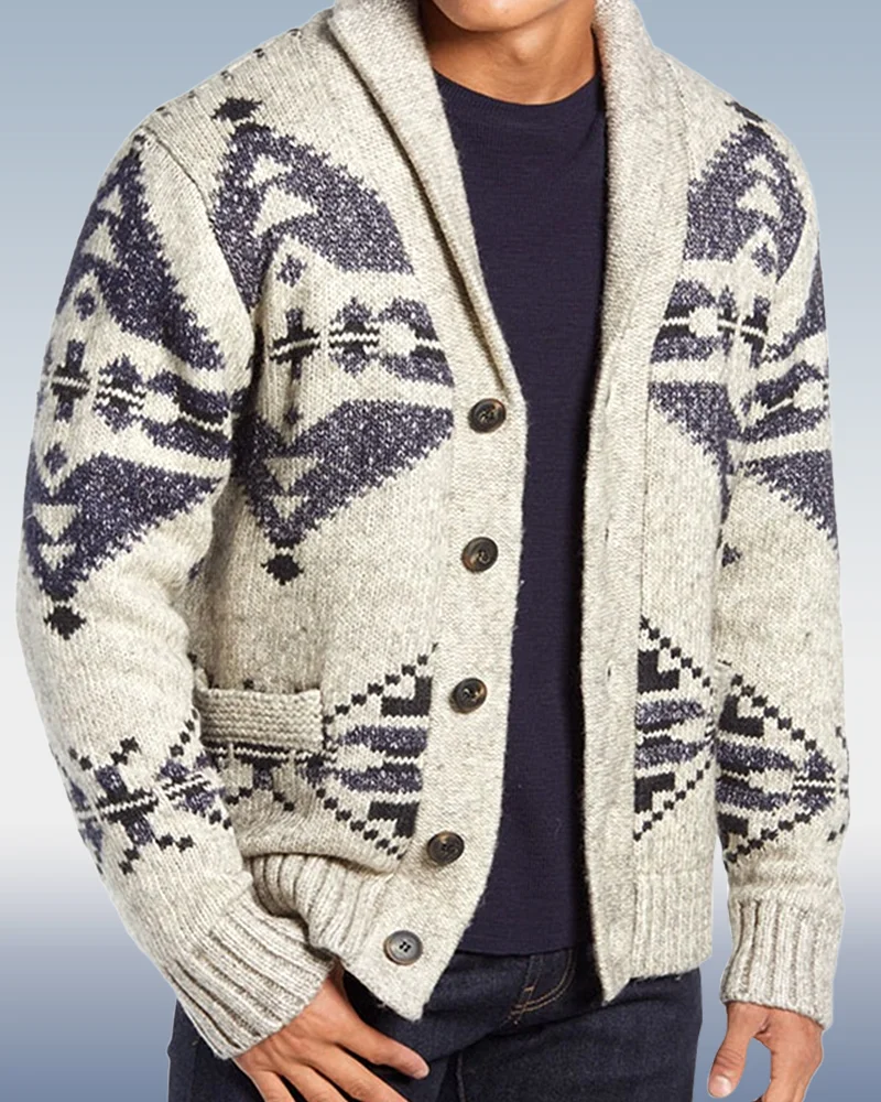 Men's Apricot Lapel Long Sleeve Jacquard Cardigan Sweater