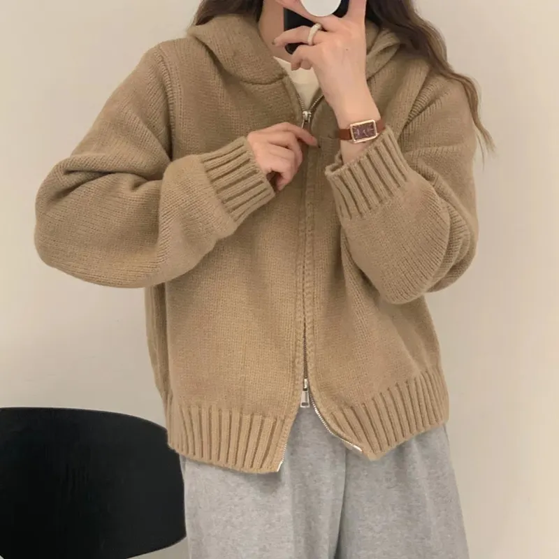 Churchf Churchf Style Multi-Color Hooded Double Zipper Knit Cardigan Women's New Short Hair Sweater Hoodie Autumn And Winter Small Coat