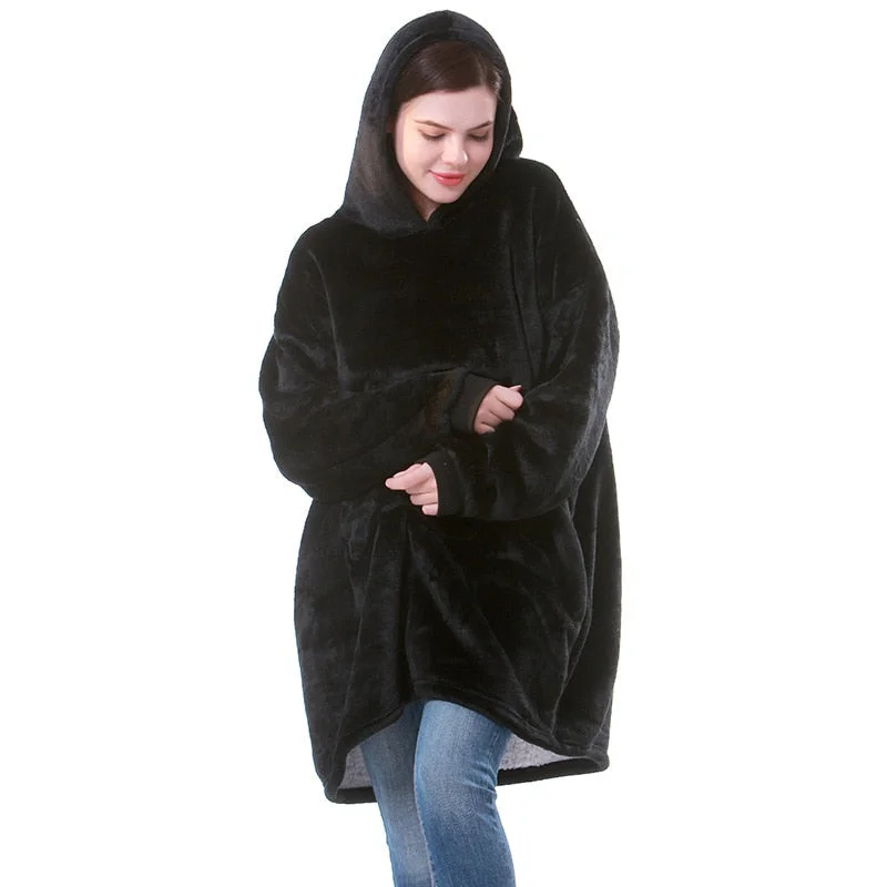 Oversized Hoodie Blanket Women Winter Hooded Wearable Family TV Blanket With Sleeves Sherpa Fleece Sweat Plaid Hoody Sweatshirt