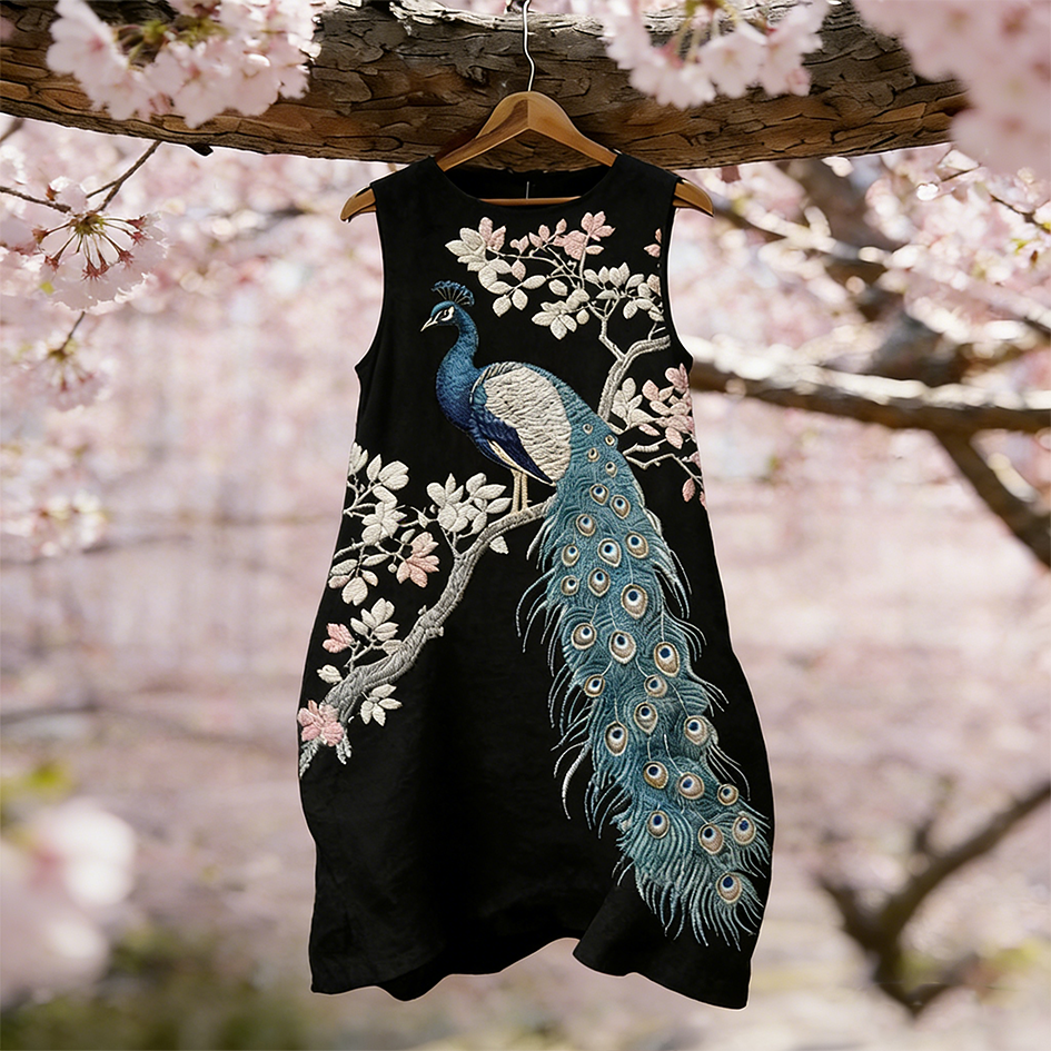 Japanese Art Style Peacock And Cherry Blossom Pattern Embroidered Women's Linen Dress elevenforest