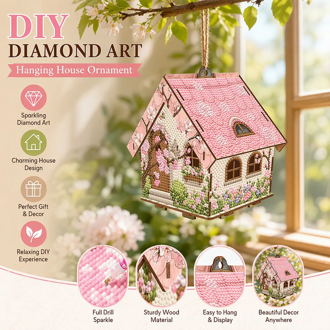 DIY Wooden House Diamond Art Painting Kit for Adults Home (Pink House)