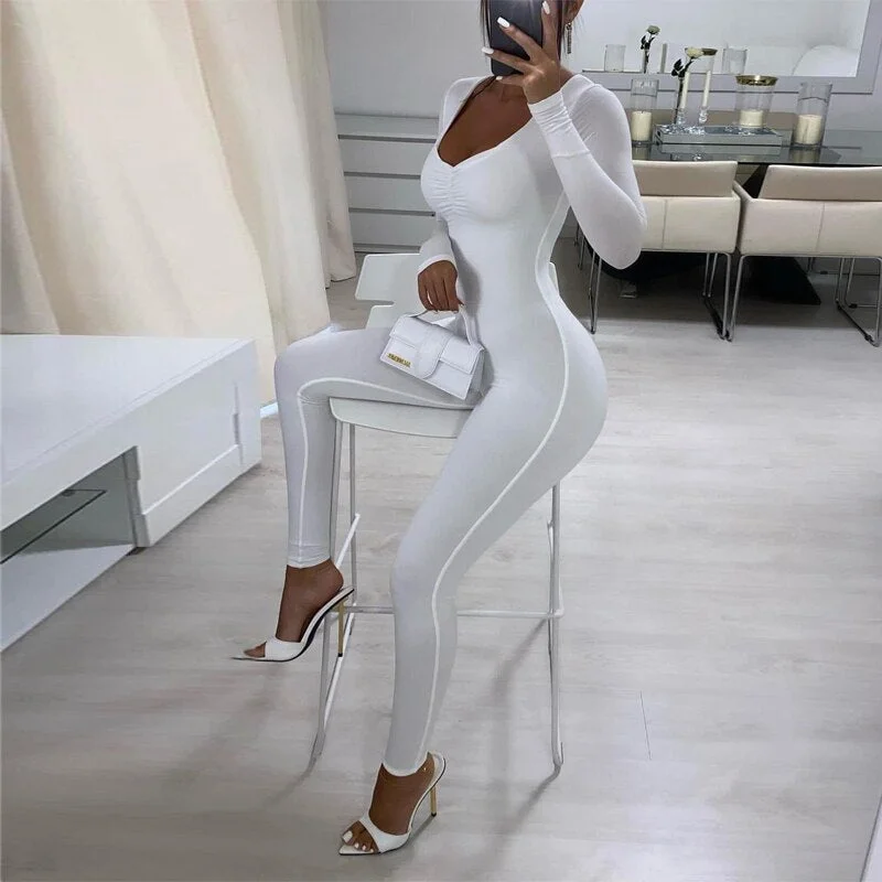Hugcitar 2021 Solid Long Sleeve V Neck Bodycon Draped Sexy Jumpsuit Summer Autumn Women Fashion Streetwear Party Club Outfits
