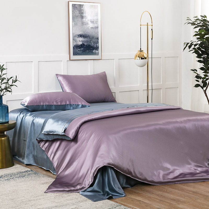 19 MOMME Parure de lit en soie classique violet et gris  (Ensemble 4 pièces) 2