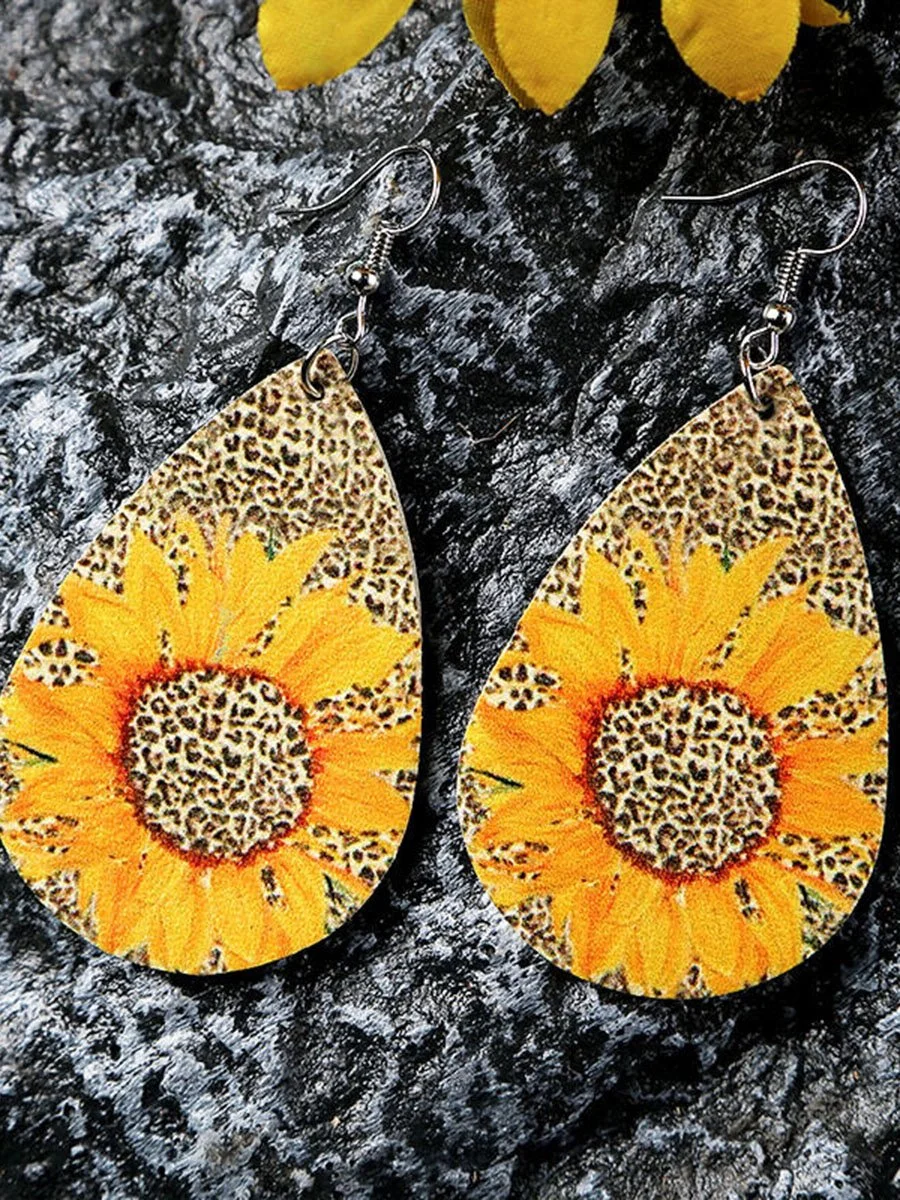 Leopard Sunflower Leather Earrings