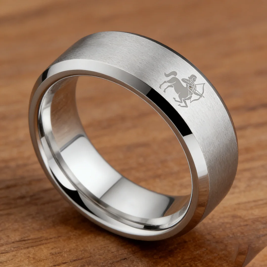 Sliver Sagittarius Couple Wedding Bands Beveled Edges Sliver Laser Etched Tungsten Carbide Ring 4MM 6MM 8MM