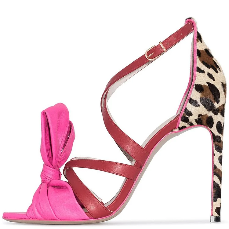 Red and Pink Tie Leopard Print Stiletto Heels Y2K Sandals |FSJ Shoes