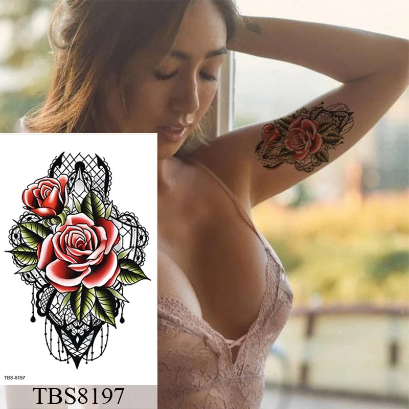 Waterproof Temporary Tattoo Sticker Flower Peony Rose Sketches Flash Tattoos Black Henna Body Art Arm Fake Tatoo Women Men