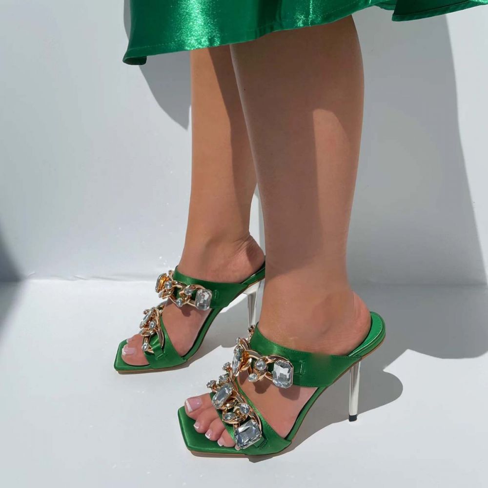 Green Satin Square Toe Double Strap Gem Chain High Heel Mules Nicepairs