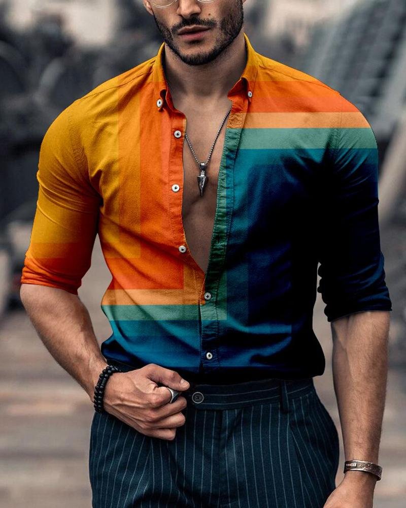 Men's Fashion Blue and Orange Stitching Printing Long-Sleeved Shirt