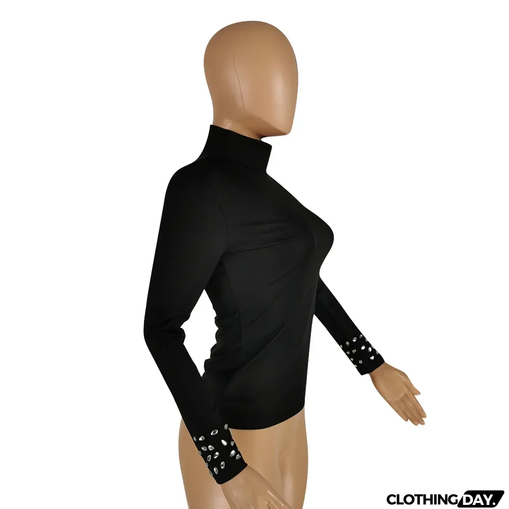 Autumn Black Rhinestones Fitted Basic Shirt