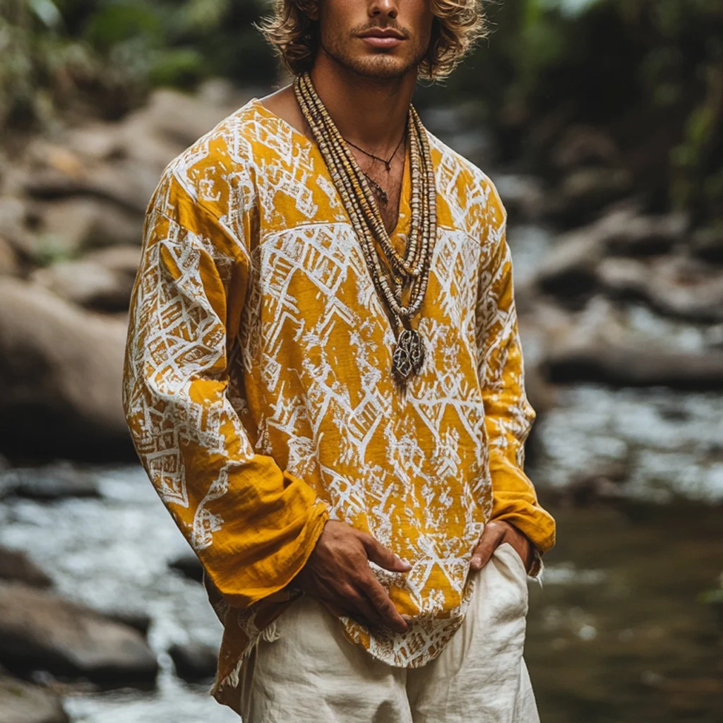 Men's Bohemian Holiday Style Vintage Printed Casual Long Sleeve Top-inspireuse