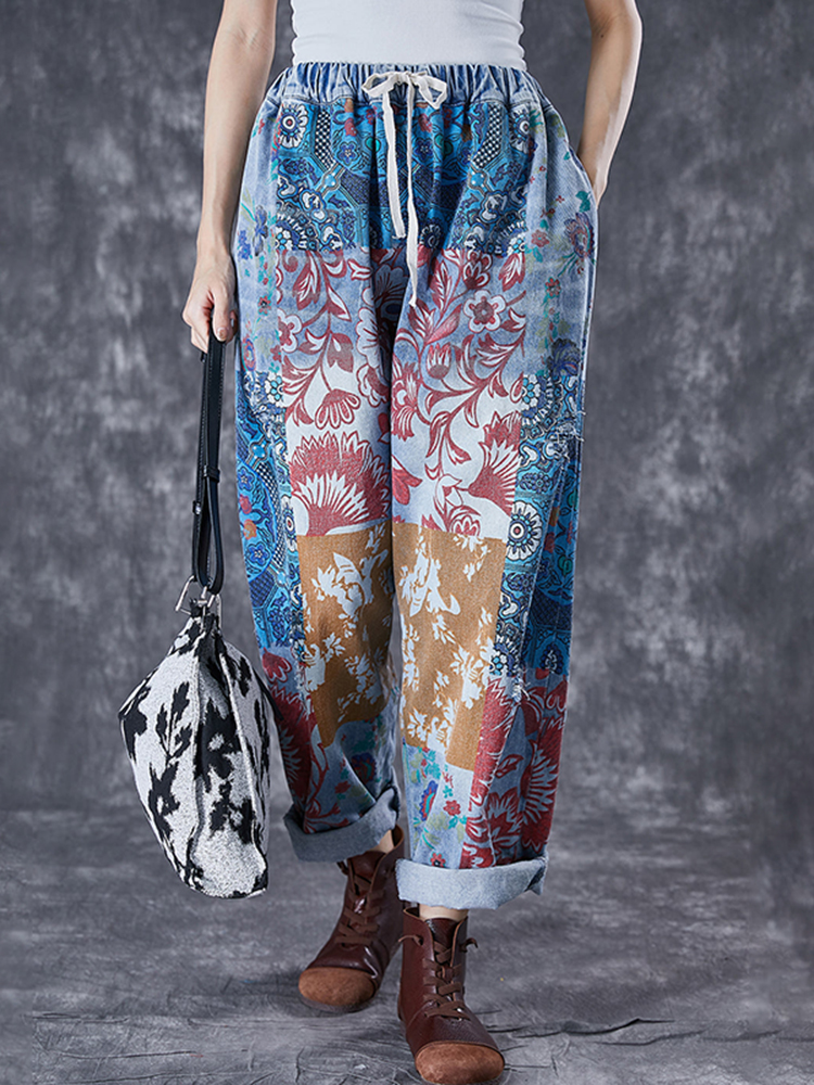 Comstylish Women Floral Patchwork Imitation Denim Cotton And Linen Pants