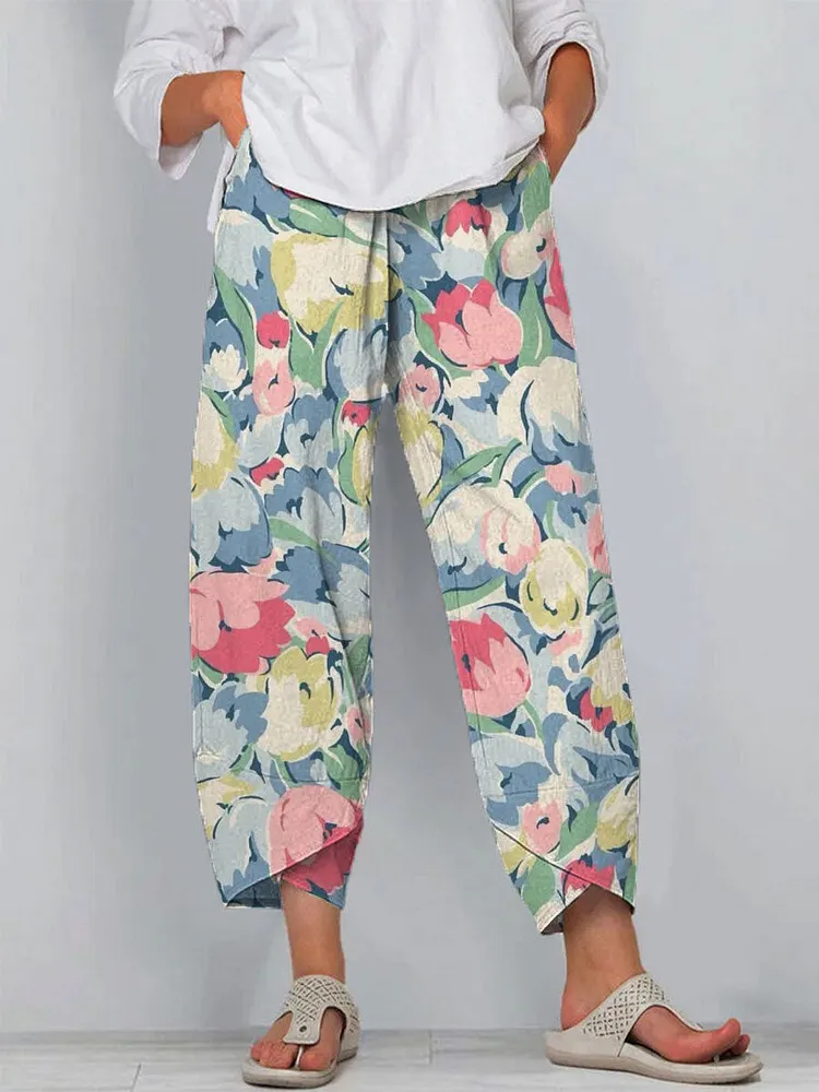 Women's Floral Art Printed Cotton And Linen Casual Pants