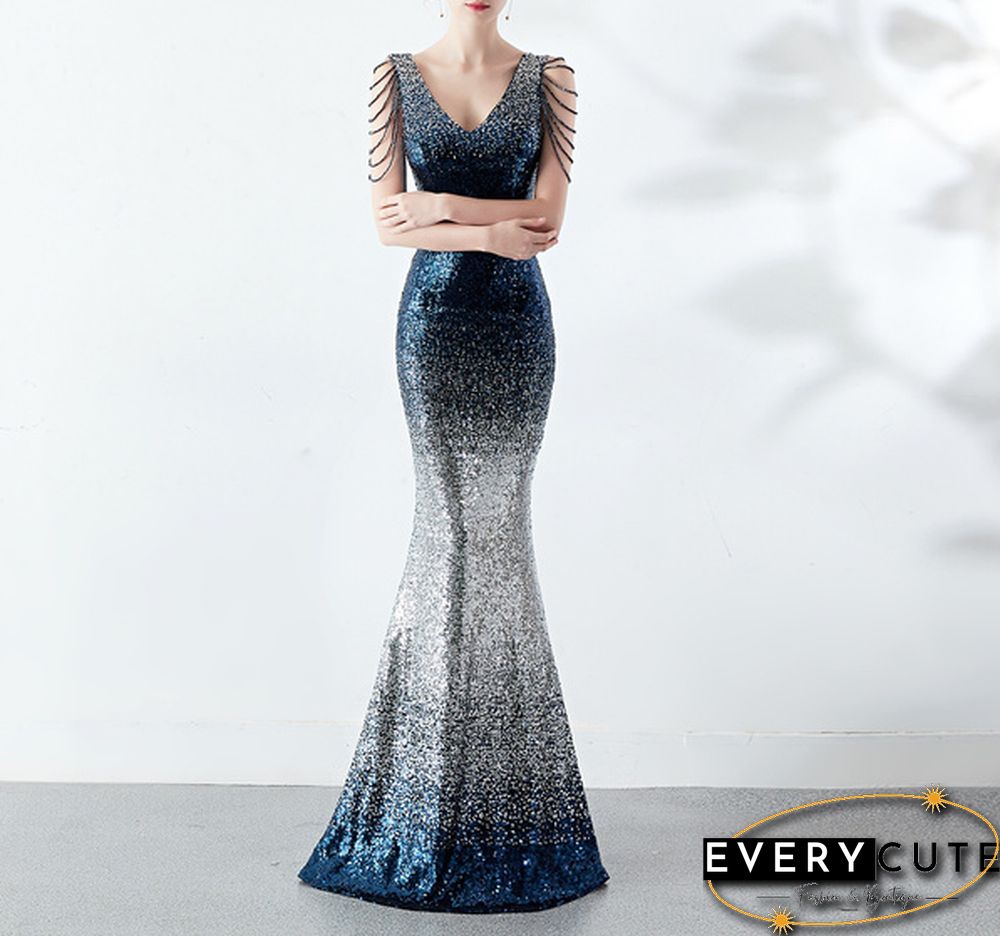 6 Colors Sexy Sequined Evening Party Gowns Women's Deep V Neck Floor-length Cocktail Dress Slim Mermaid Prom Dresses