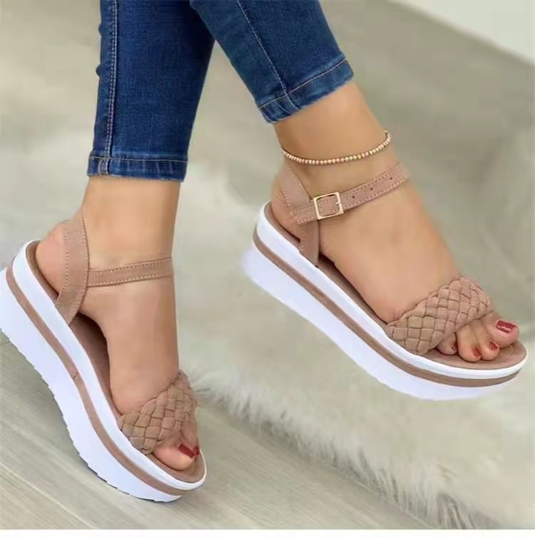 Spot Trifle Thick-bottomed Braided One Word Buckle Strap Sandals Women-PABIUYOU- Women's Fashion Leader
