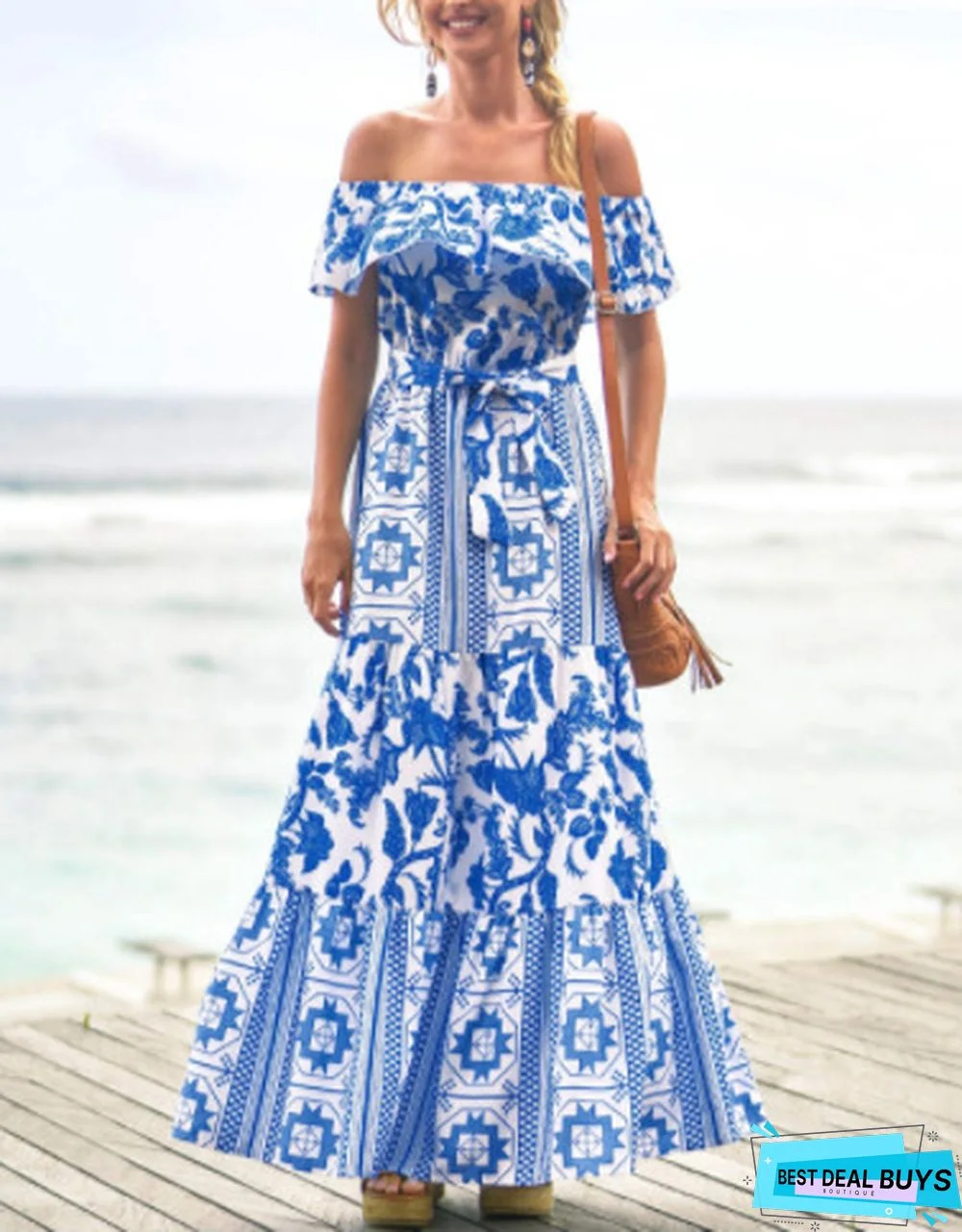 Printed Dress with One-Line Collar and High Waist For Women