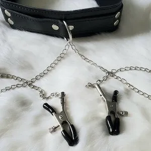pornhint Pornhint Mature Collar with adjustable Nipple Clamps, leather necklace with nipple clips, choker necklace clips, bdsmsex toys, couple sex toys, adult Toy