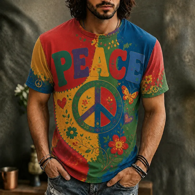 Men's Vintage Hippie Peace Flower Patchwork Art Crew Neck Short Sleeve T-shirt