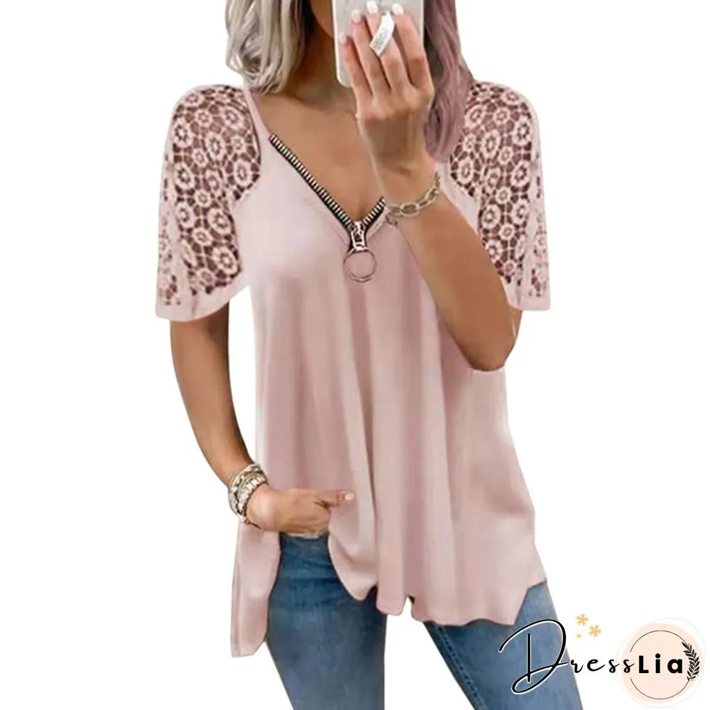Summer Womens Lace Stitching Short Sleeve Tops Solid Color Loose T-Shirt Fashion Casual