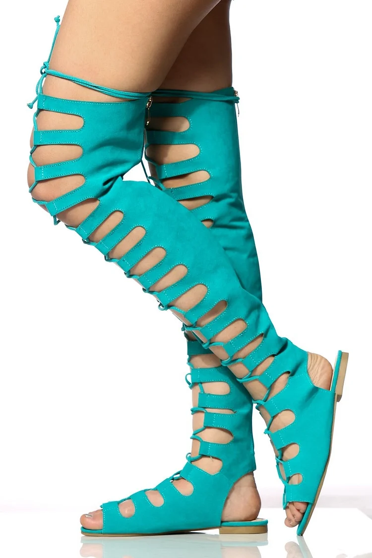 Turquoise Vegan Suede Lace Up Over The Knee Flat Gladiator Sandals  |FSJ Shoes