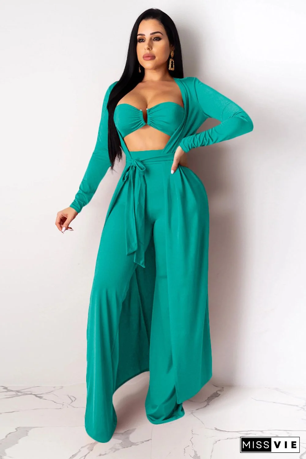 Crop Bra Top Wide Leg Pants Long Cardigan Set