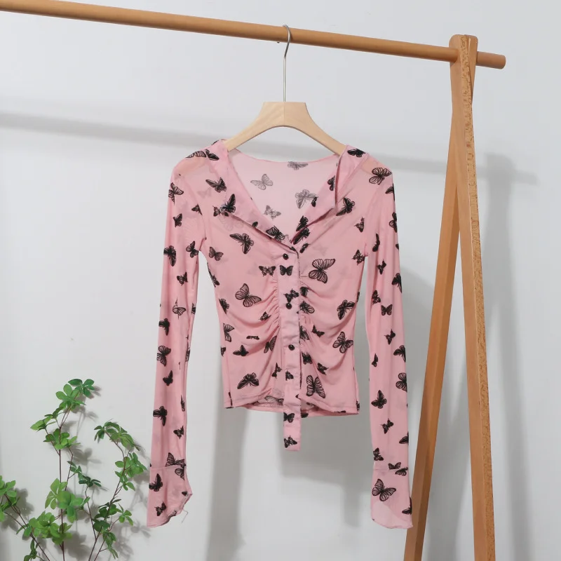 Uveng Pink V-Neck Velvet Bow Single Buckle Buckle Coat On The Head Short Long-Sleeved Mesh T-Shirt 8900