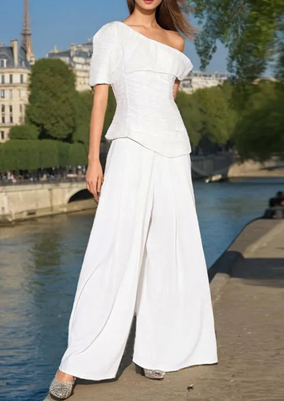 Loose Pleated Solid Color Asymmetric One-Shoulder T-Shirt Top High Waisted Zipper Pants