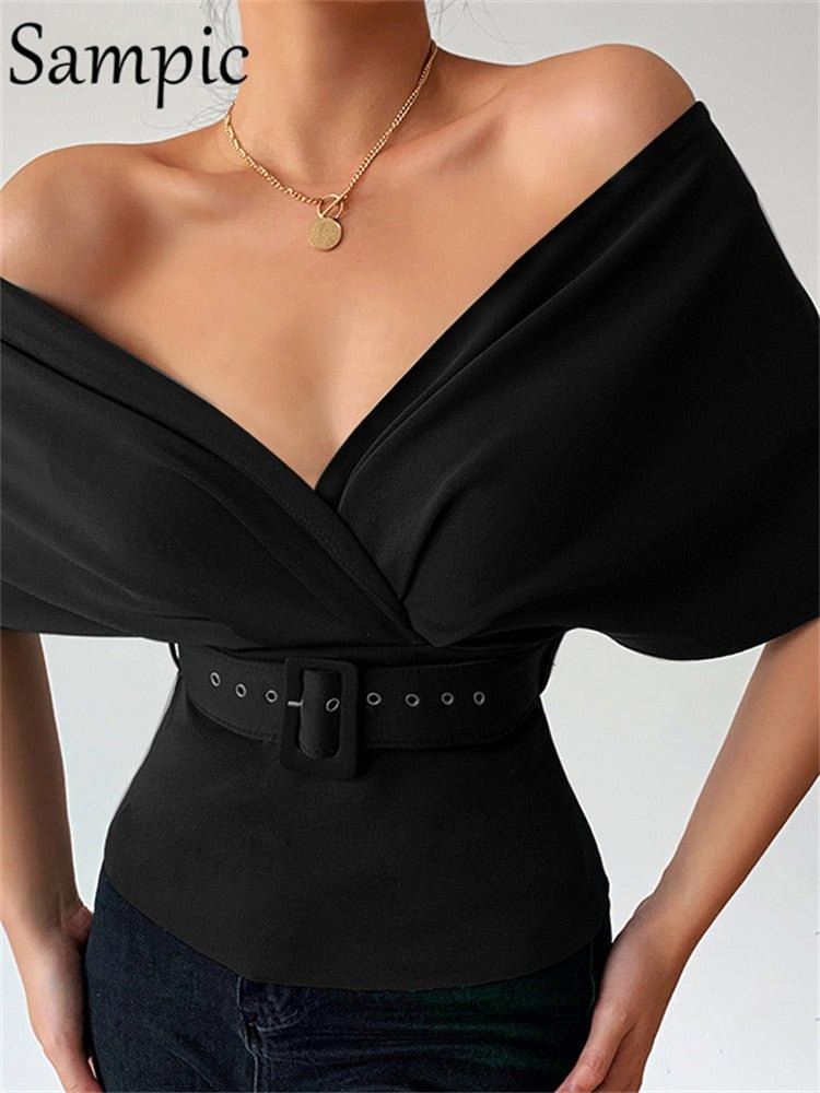 Sampic Sexy Women Off Shoulder V Neck Party T Shirt Tops Night Club Holiday 2022 Summer Ladies Elegant Blouse Shirt With Belt