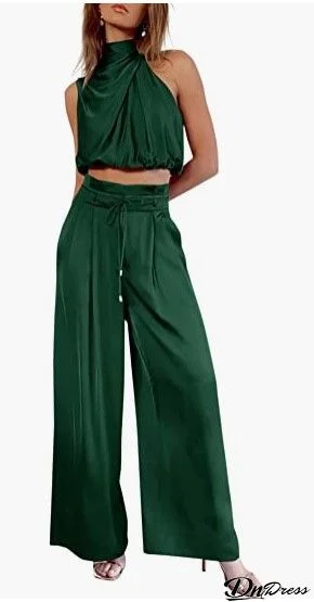 Women Fashion Casual Solid Color Sleeveless Top Pants Two-Piece Set