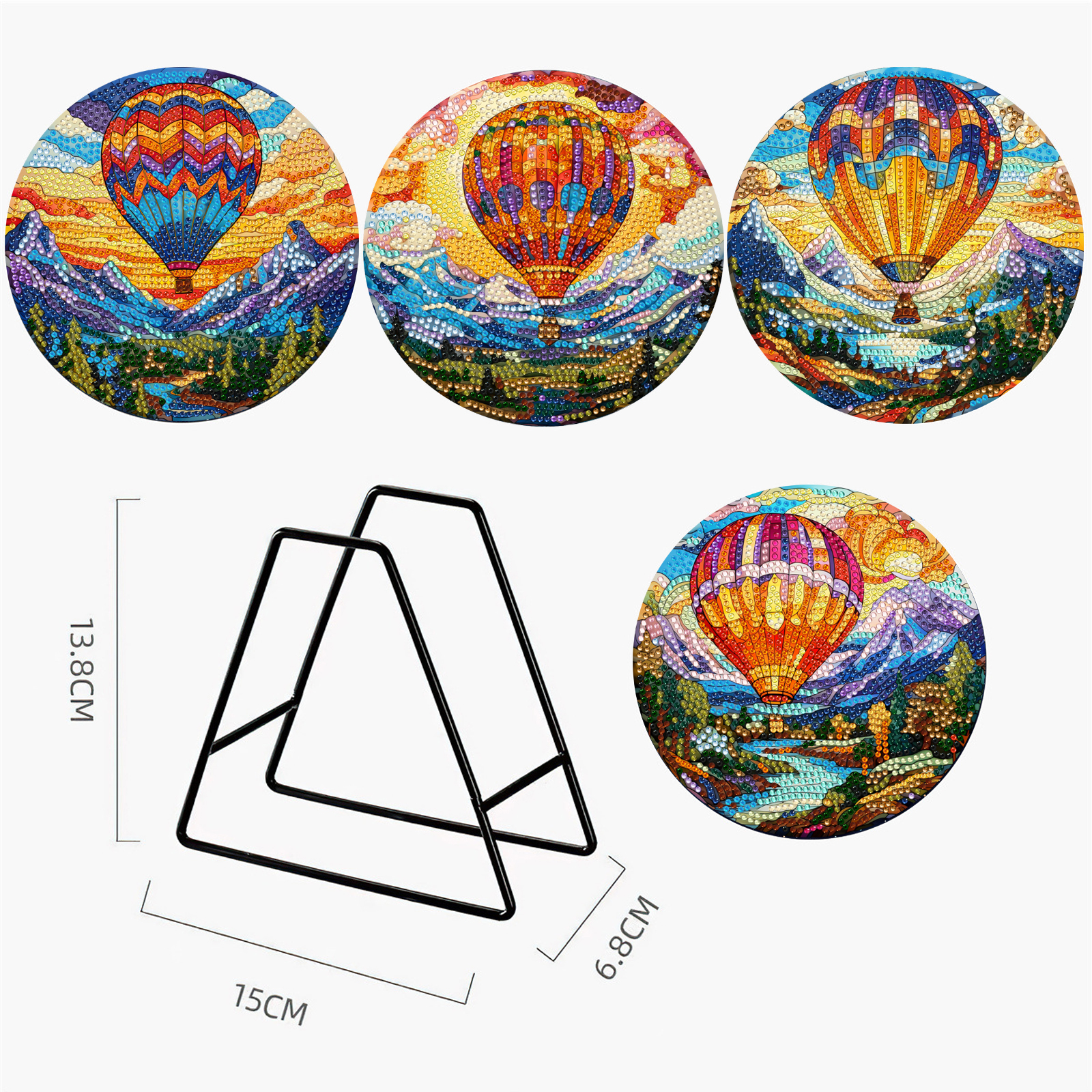 (BD489) (Acrylic) 4pcs DIY Diamond Painted Placemats, Insulated Dish Mats, Comes with Mat Storage Rack, Hot Air Balloon and Mountain