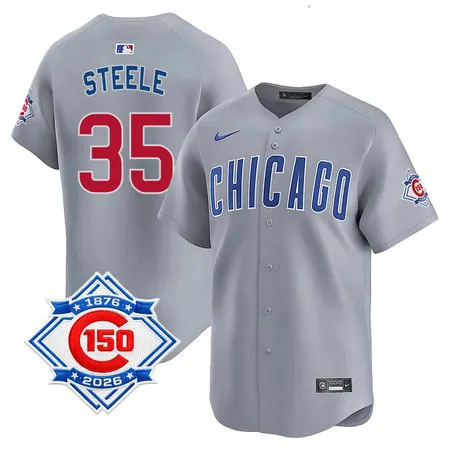 Youth Chicago Cubs #35 Justin Steele Grey Nike Road Vapor Limited 150th Anniversary Authentic Lettering Jersey